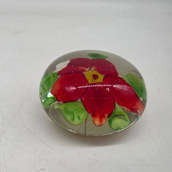 Handcrafted Glass Paperweight With Red Flower Design - Picture 2 of 6